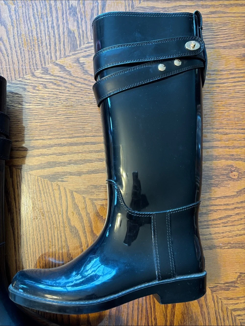 Coach Black Glossy Tall Boots with Strap Detail